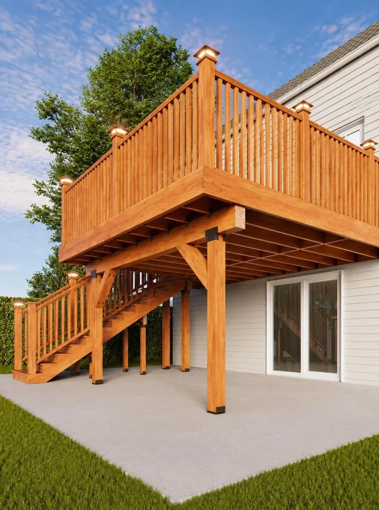 wood deck railing with decorative solar post caps