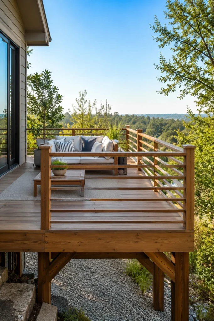 modern horizontal wood deck railing ideas with backyard view