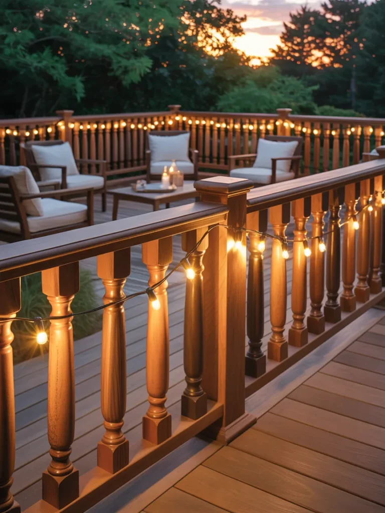 wood deck railing with warm outdoor lighting at night