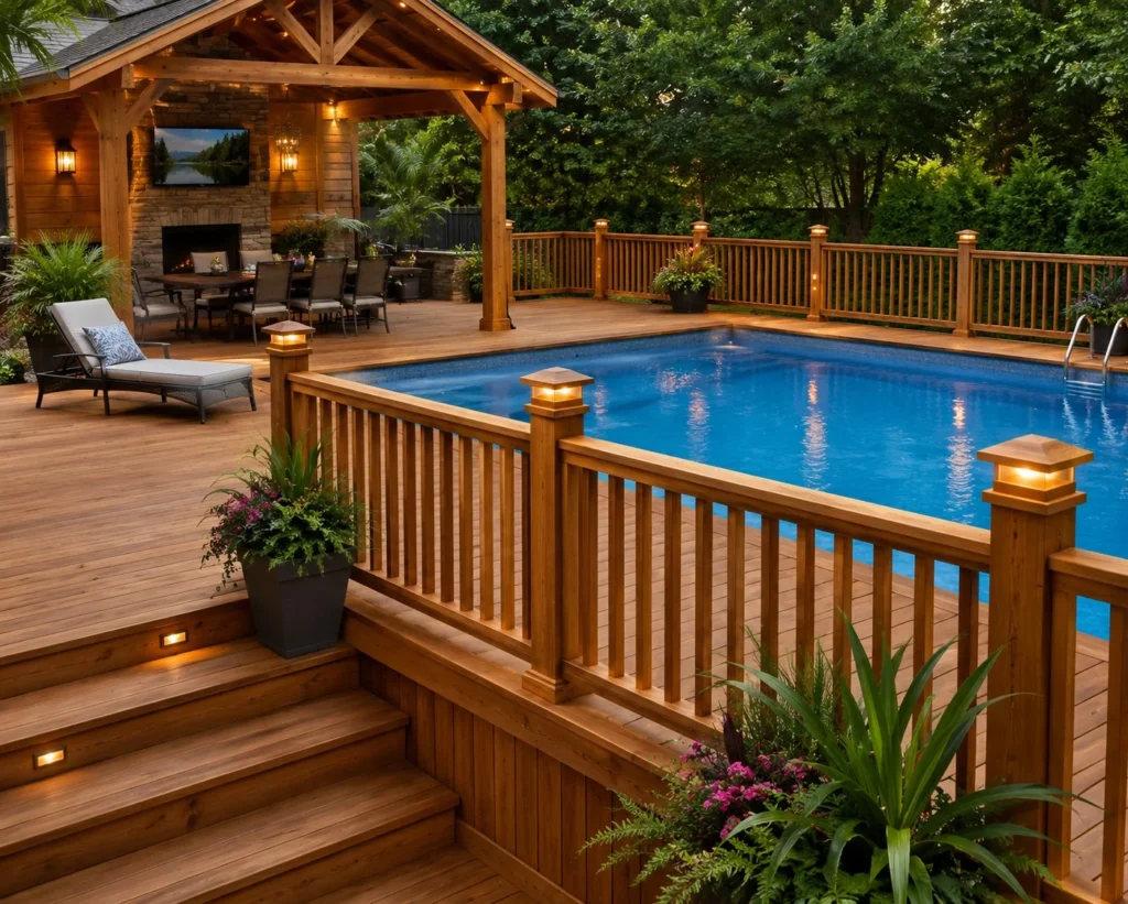 wood deck railing around backyard swimming pool deck