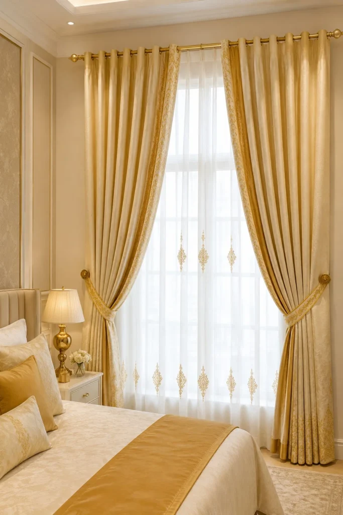 gold and cream bedroom curtains with luxury decor theme