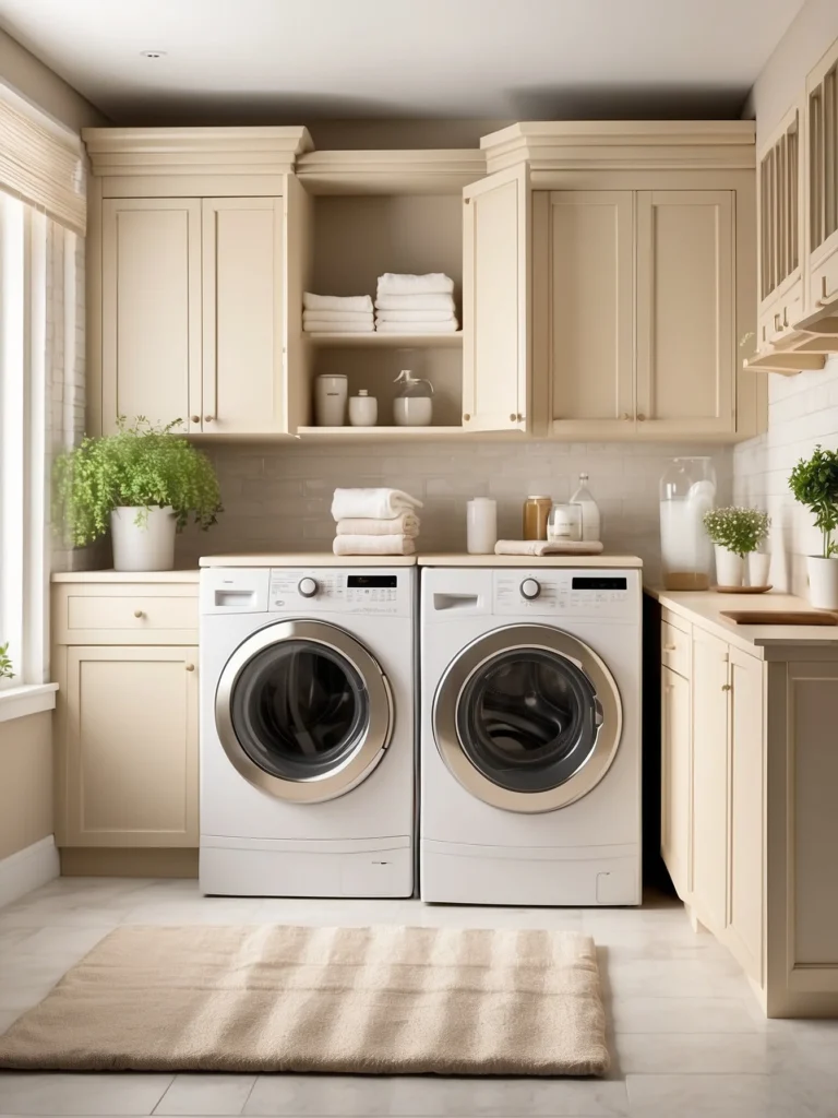 beige laundry room cabinets with warm neutral decor