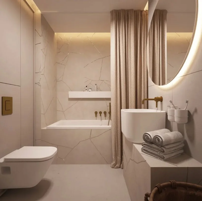 beige stone bathroom with japandi interior in bloxburg
