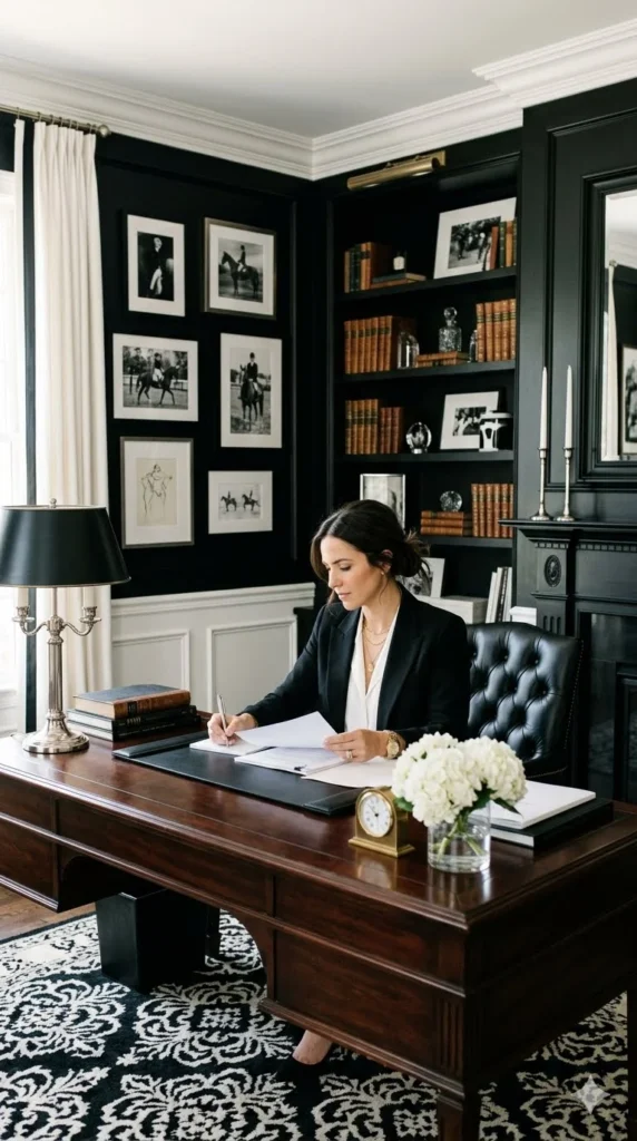 black and white home office with traditional ralph lauren decor