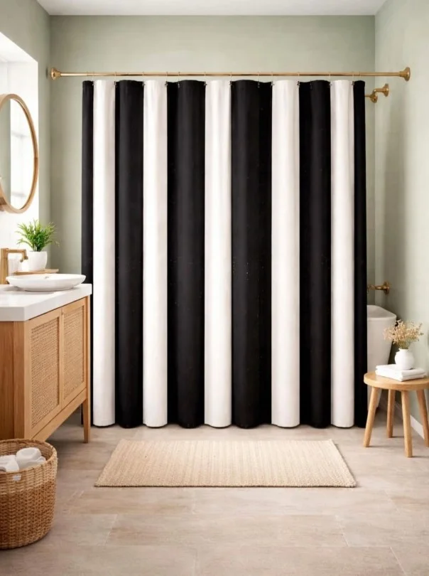 black and white striped shower curtain in modern bathroom