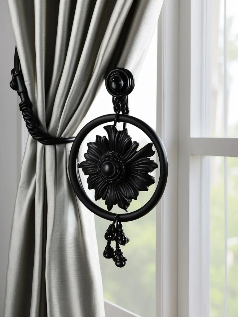 black metal curtain holdbacks with modern white curtains