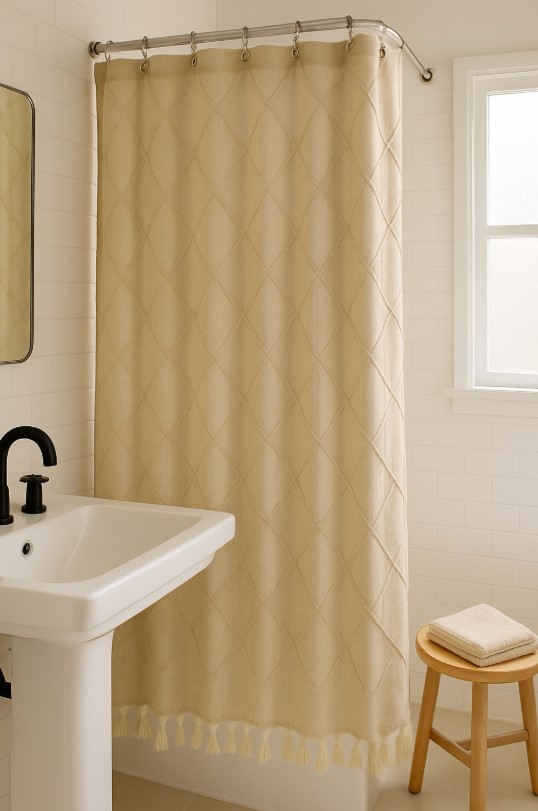 boho tassel shower curtain with natural bathroom accents