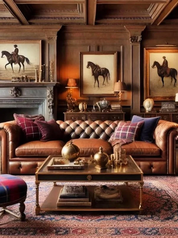 brown leather sofa living room inspired by ralph lauren home decor