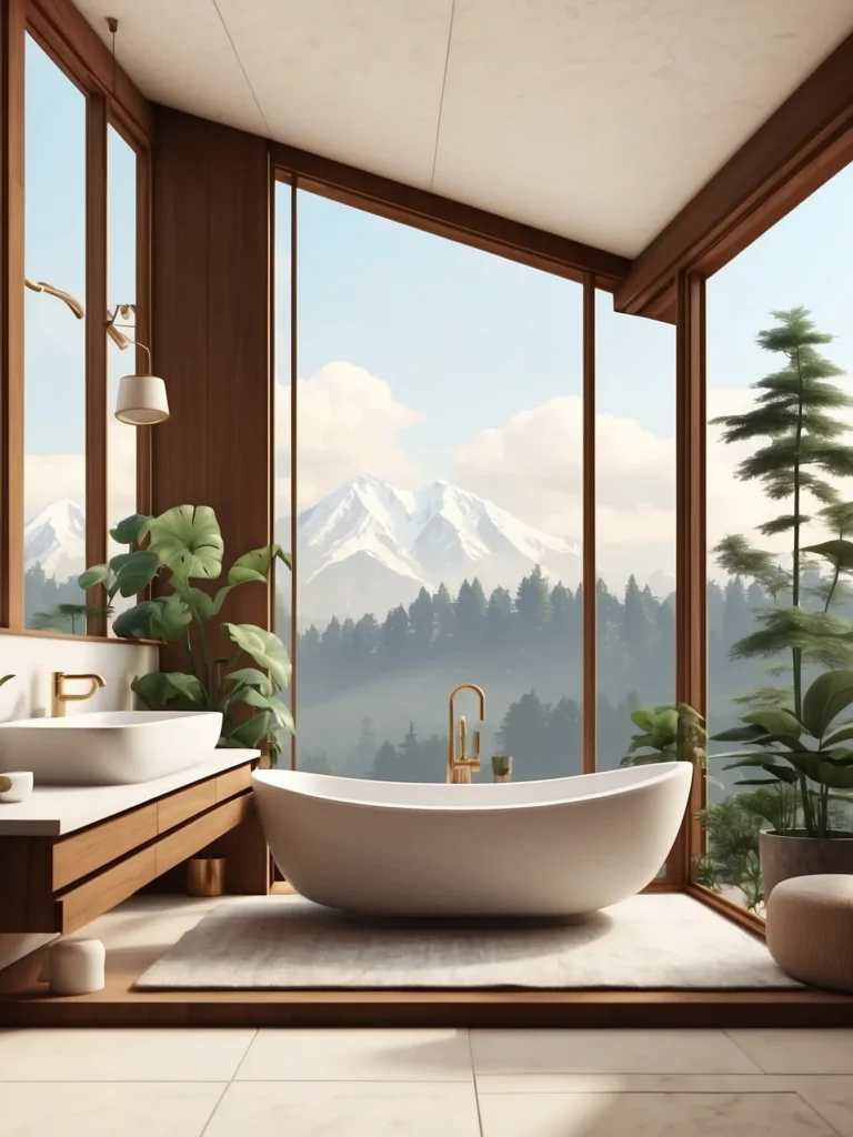 bright bathroom with floor to ceiling windows in bloxburg