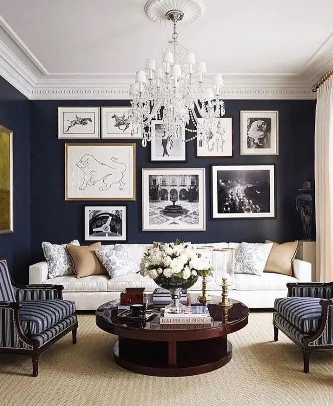 classic american living room with navy accents and wood furniture