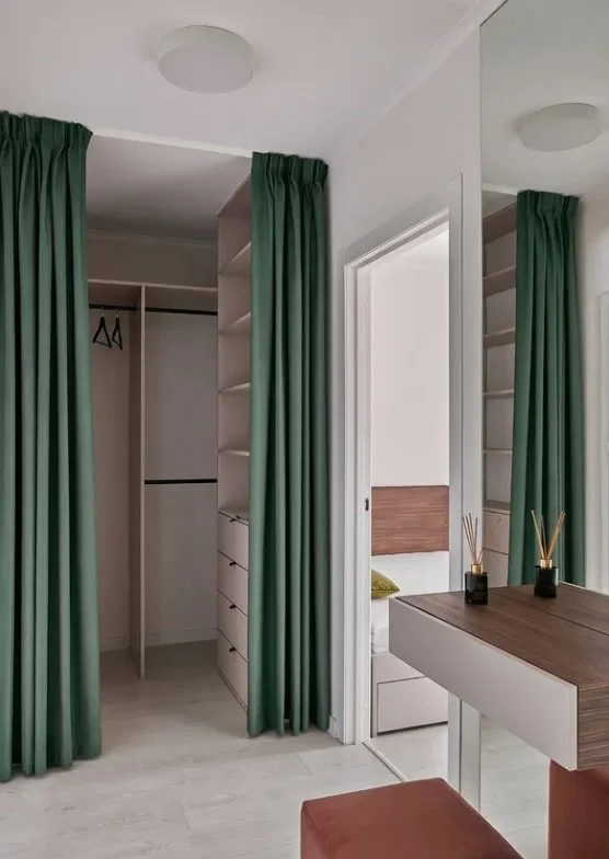 blackout closet curtains hiding clothing and storage shelves