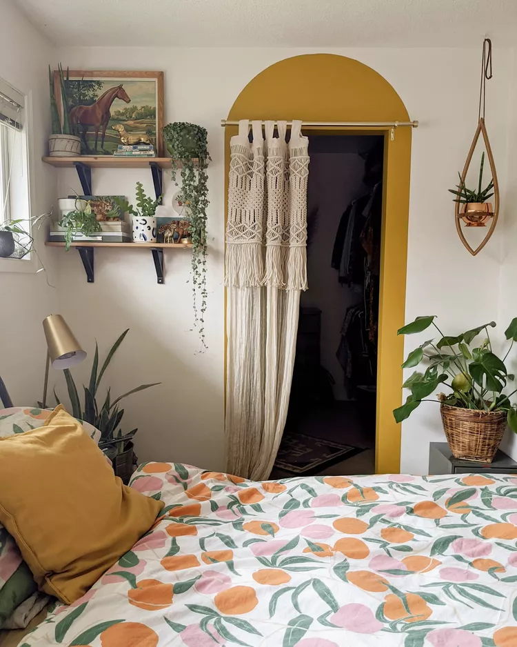 boho macrame closet curtain panels in stylish bedroom