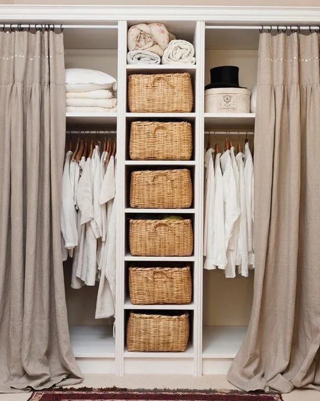 closet curtain storage organization ideas with baskets