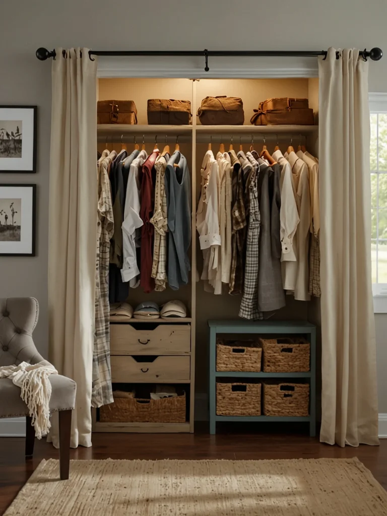 farmhouse closet curtains with rustic bedroom decor style