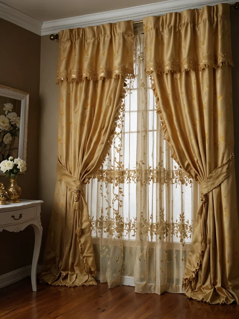 gold and cream closet curtains with elegant bedroom decor