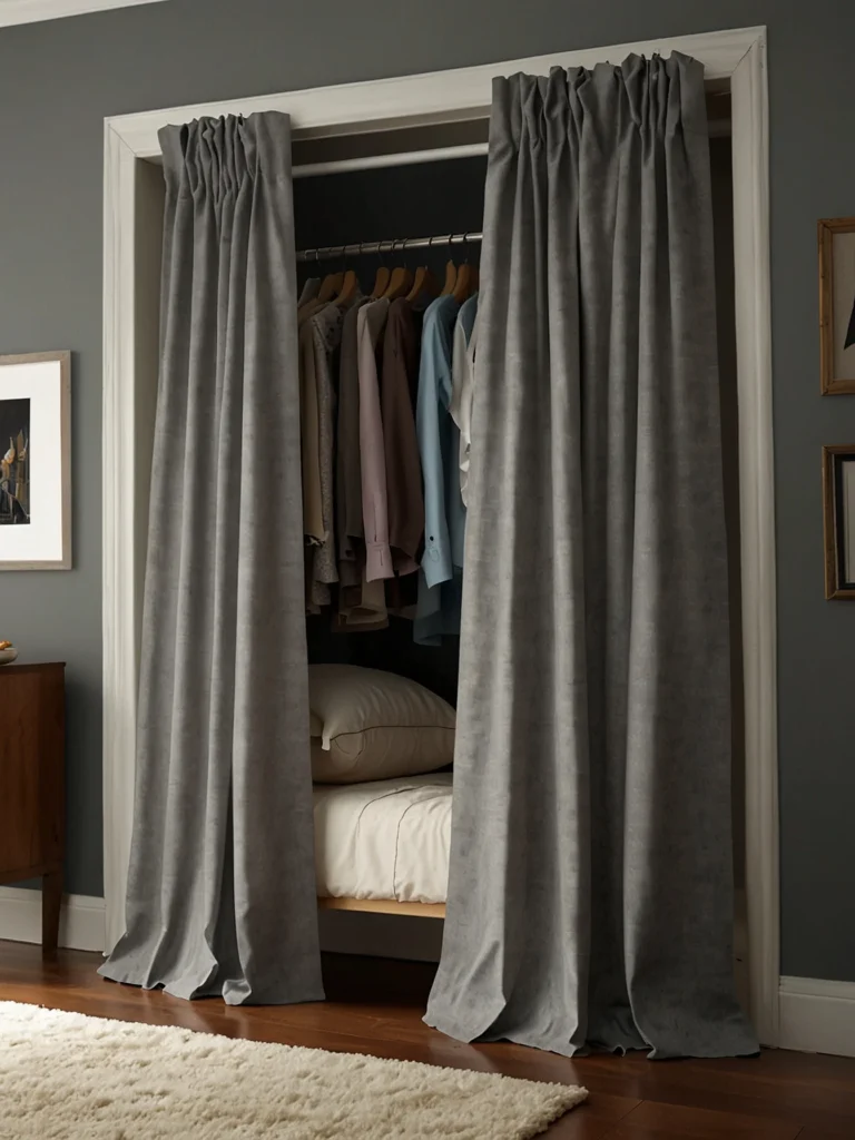 gray closet curtains in modern organized bedroom space