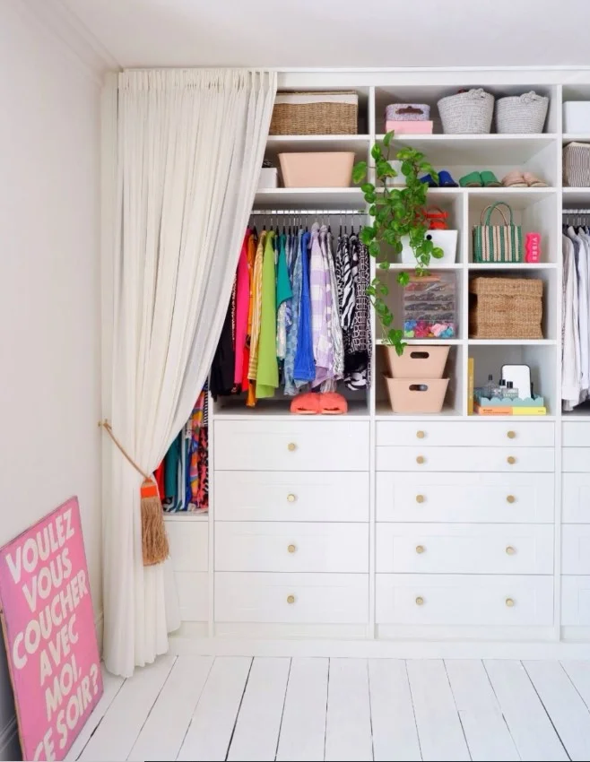 minimalist white closet curtains in modern bedroom interior