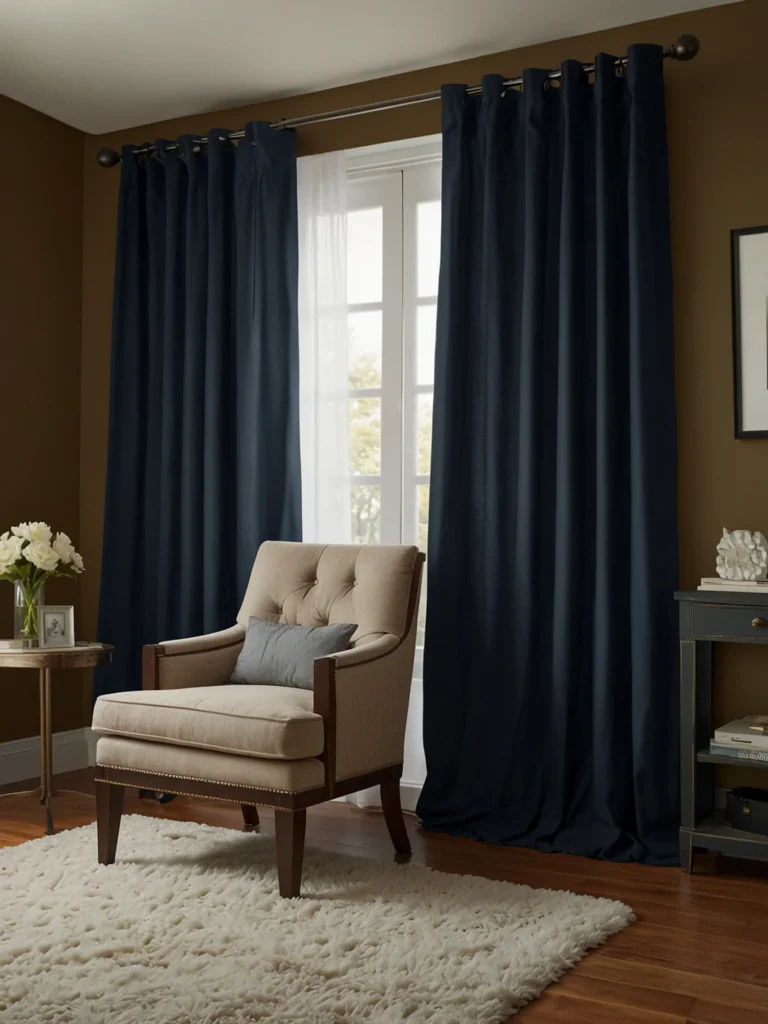 navy blue closet curtains creating bold bedroom focal point