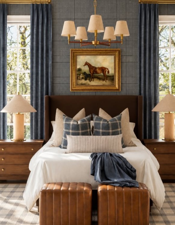 country club style bedroom with navy and white bedding