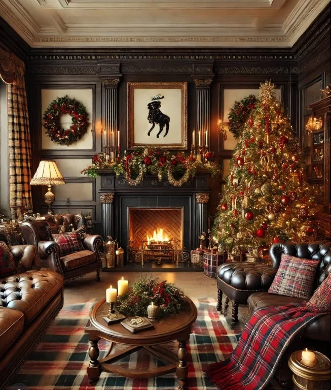 cozy fireplace living room with leather seating and warm lighting