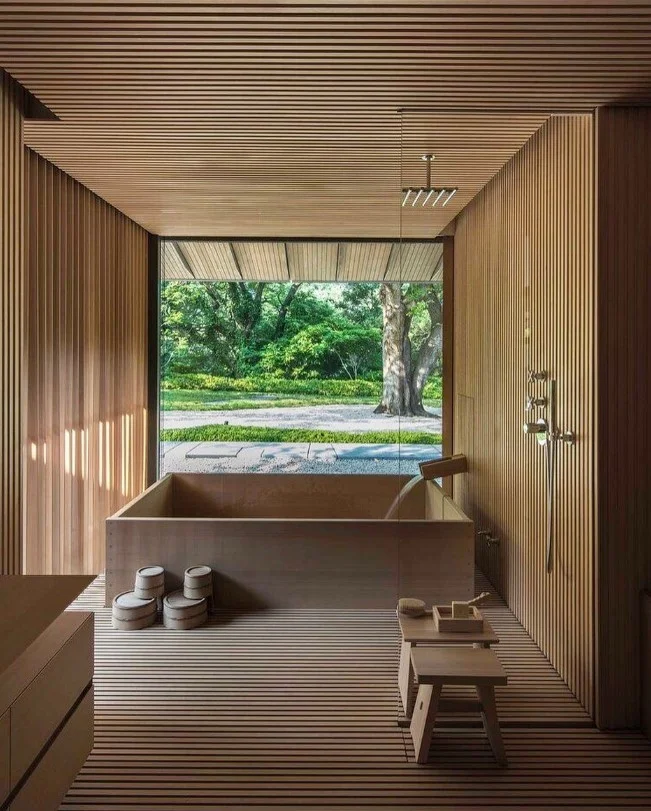 wood ceiling in mid century japandi bathroom design