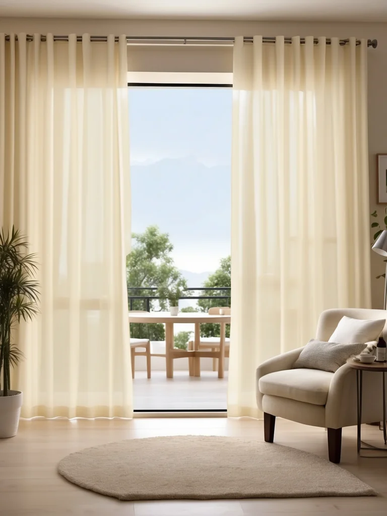 cream sliding glass door curtains in bright elegant room