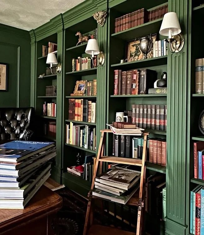 dark green library aesthetic with bookshelves and leather chair