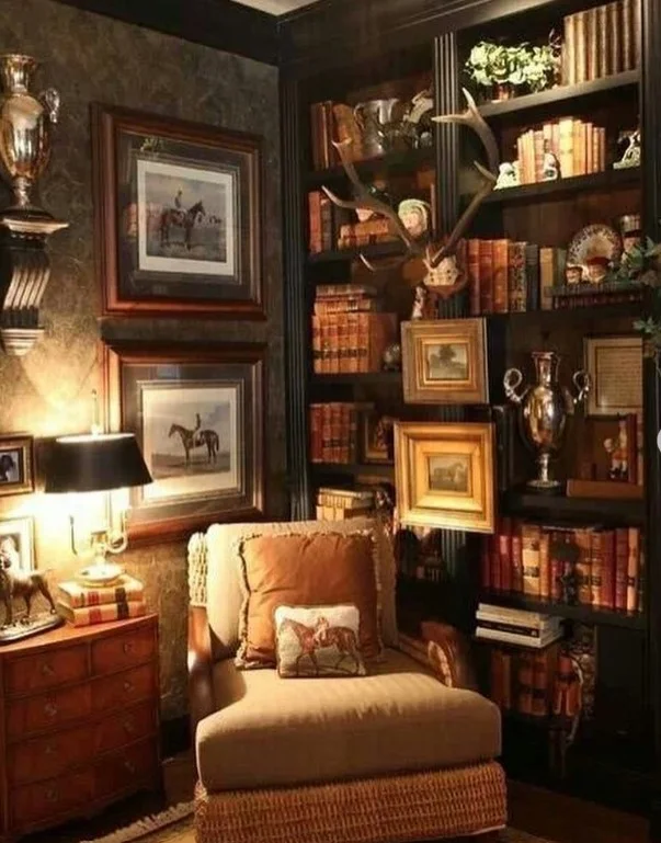 dark wood library room with bookshelves and leather chair in ralph lauren style