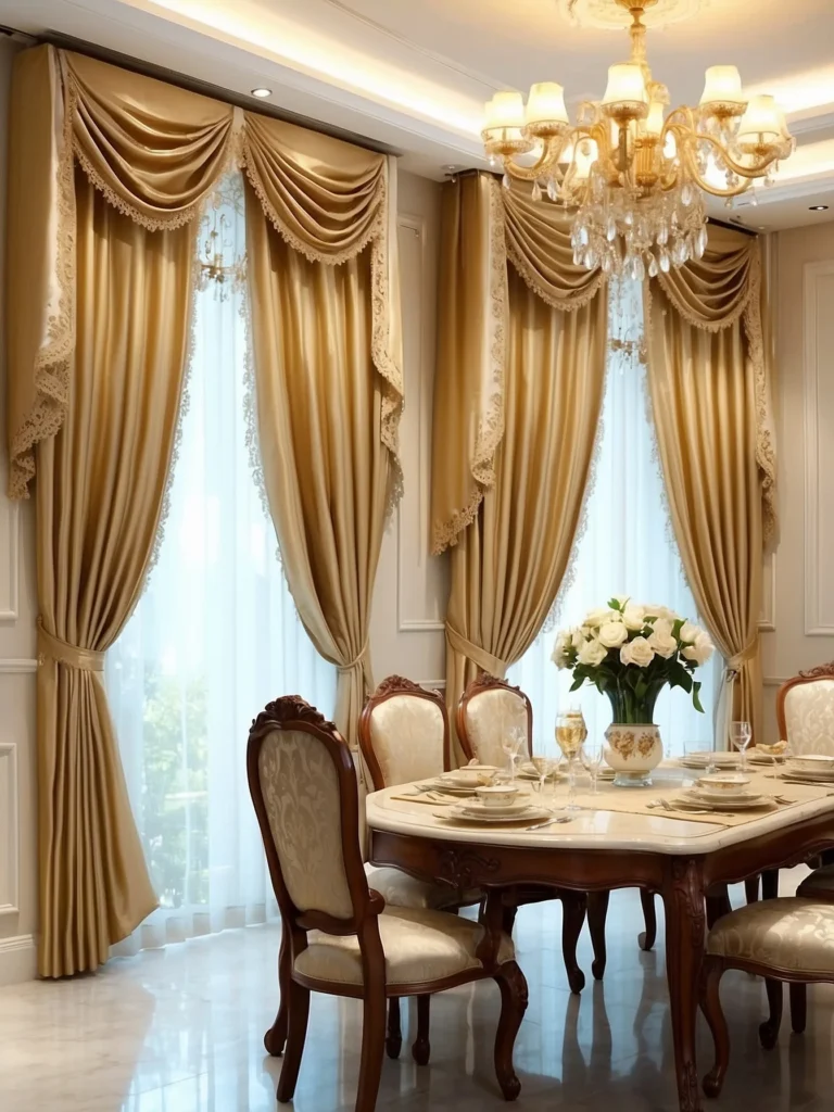 gold and cream dining room curtains with luxury styling
