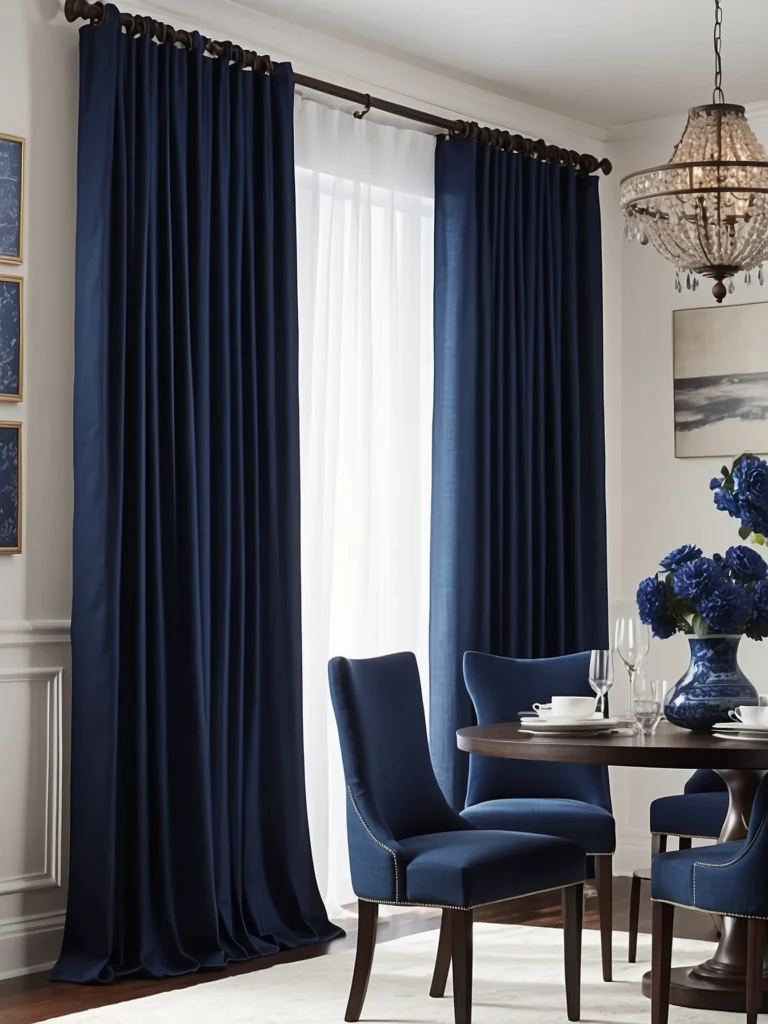 navy blue dining room curtains with elegant dining decor