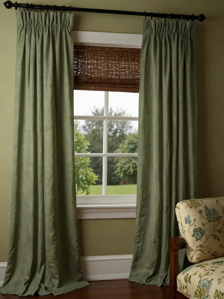 sage green dining room curtains with natural wood furniture