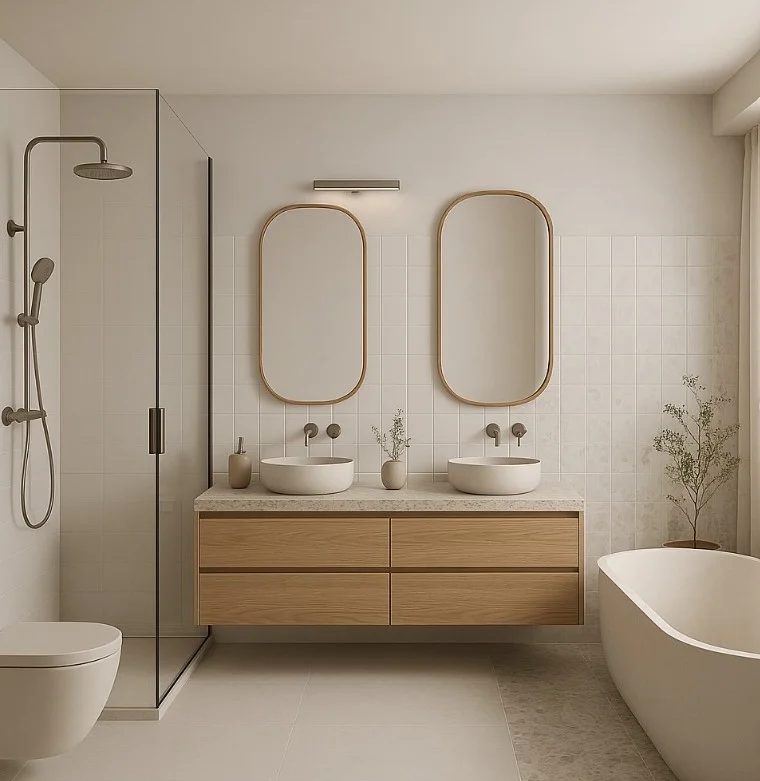 double sink vanity with wood cabinets in bloxburg