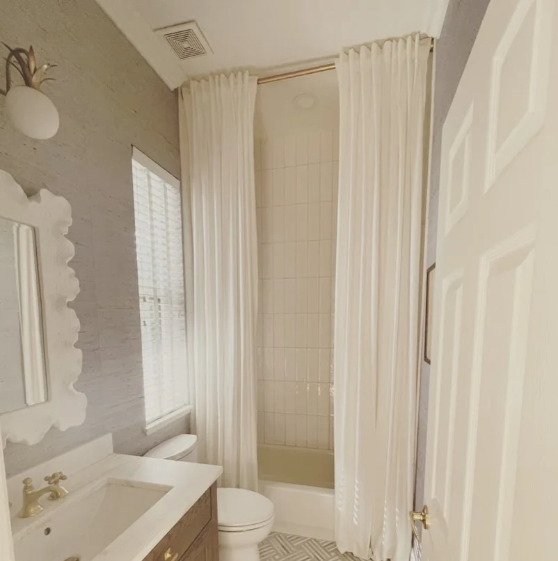 extra long shower curtain in tall bathroom design