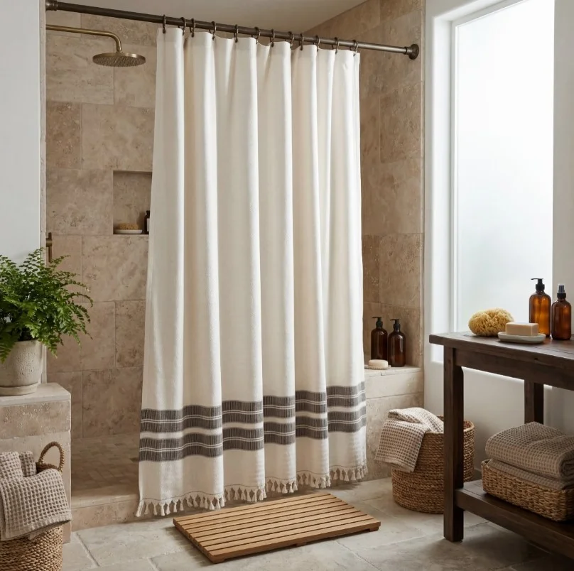 fabric shower curtain replacing plastic curtain in bathroom