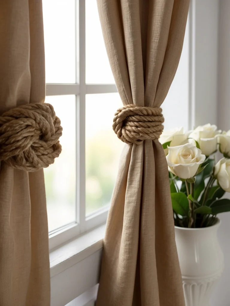 wooden ring curtain tie backs with natural linen drapes