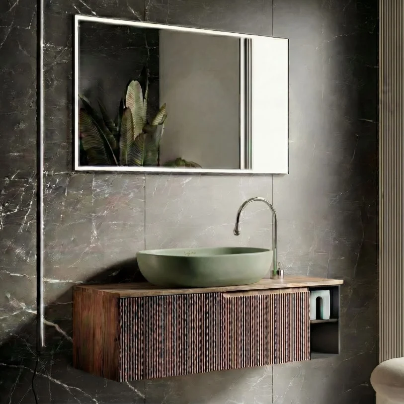floating oak vanity in a mid century japandi bloxburg bathroom