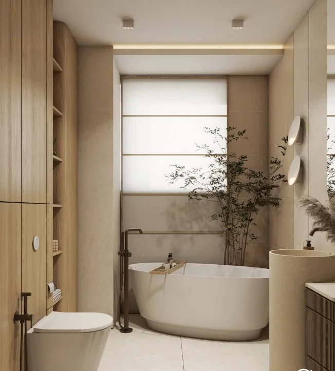 freestanding bathtub in modern japandi bathroom