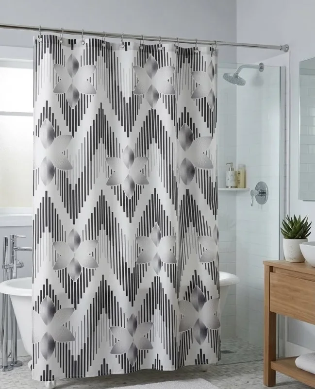 geometric pattern shower curtain in modern bathroom