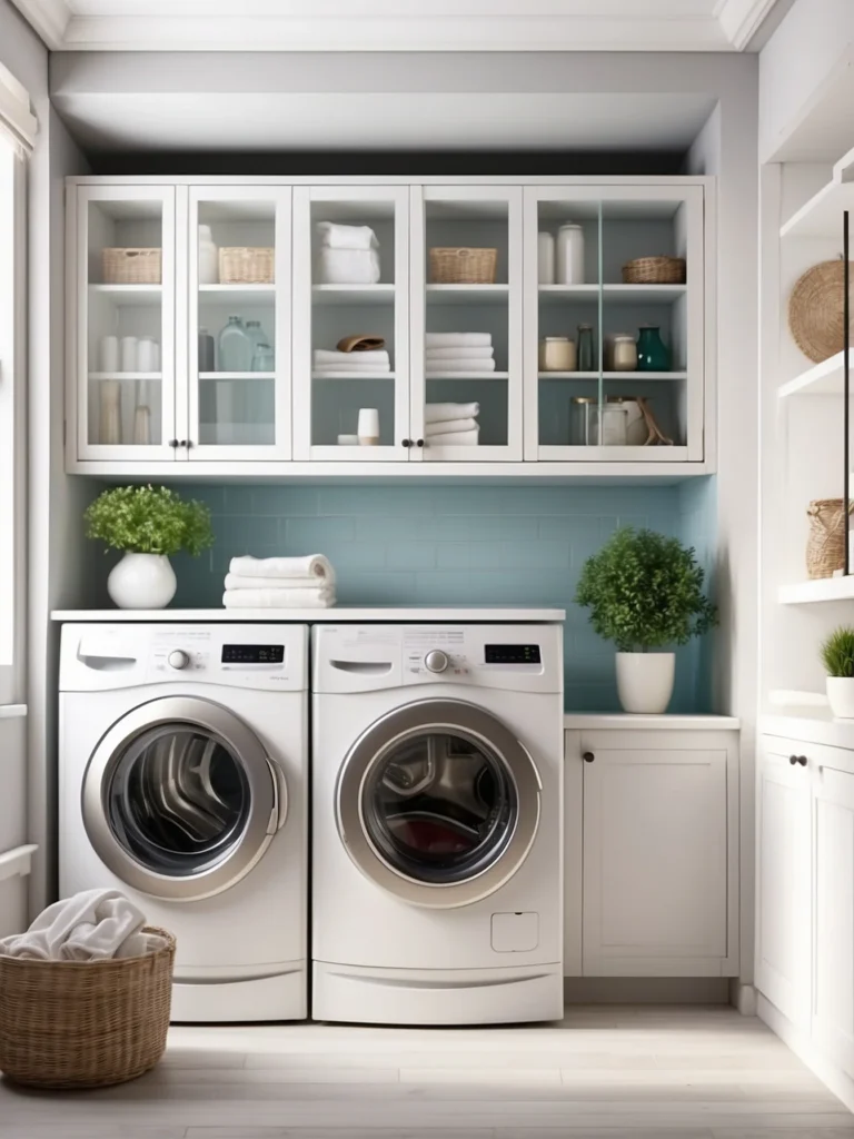 laundry room upper cabinets with decorative glass doors
