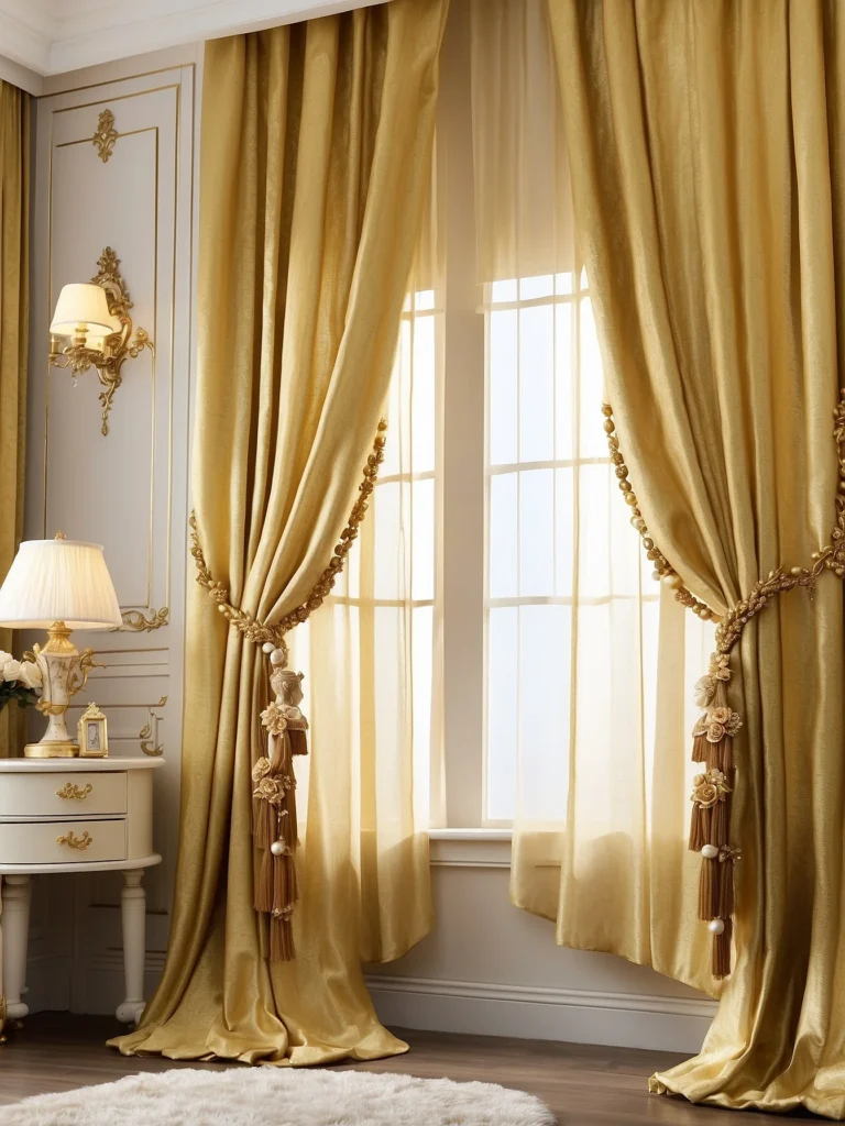 gold curtain holdbacks paired with cream curtains in elegant living room