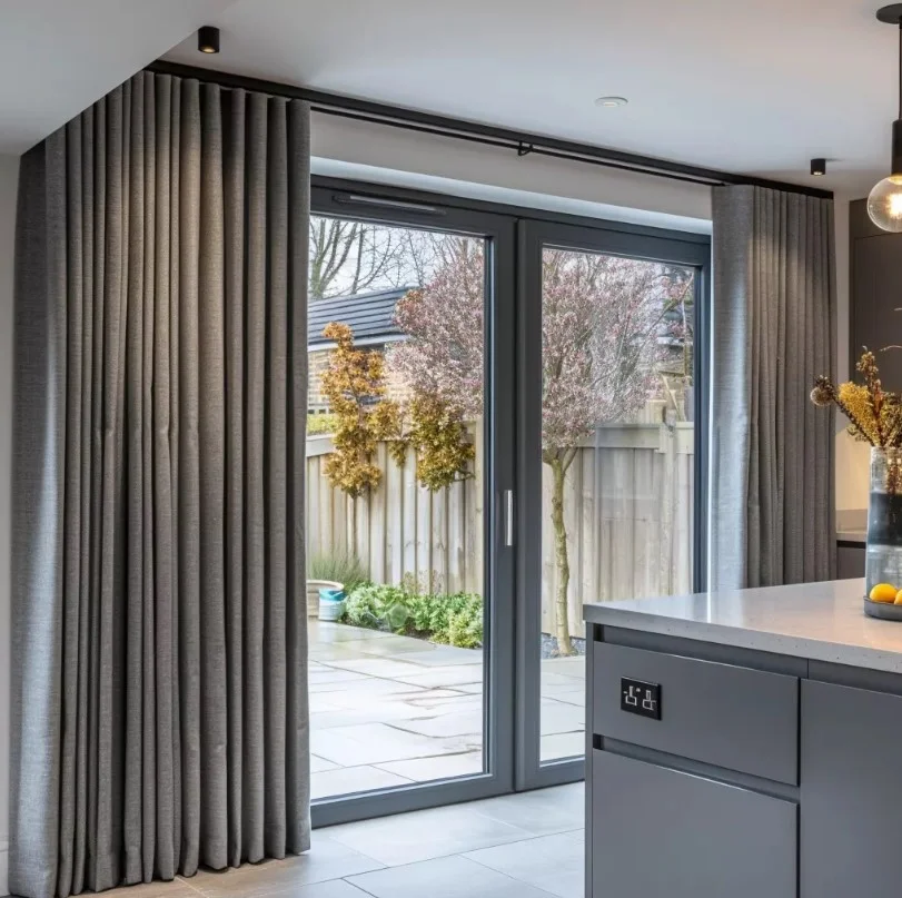 gray sliding glass door curtains in contemporary living room