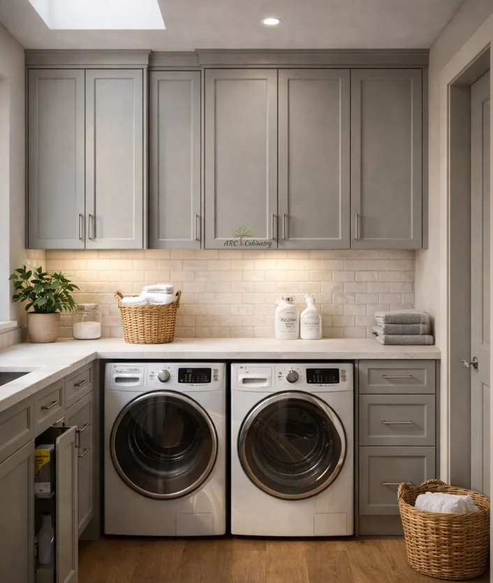 modern gray laundry room cabinets with clean design