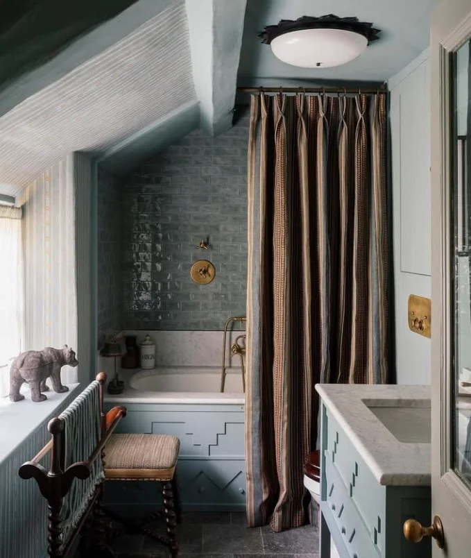 high mounted shower curtain making bathroom appear taller
