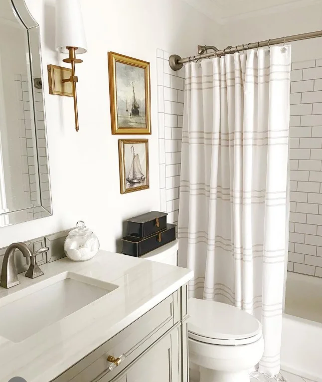 high shower curtain covering uneven bathroom tile lines