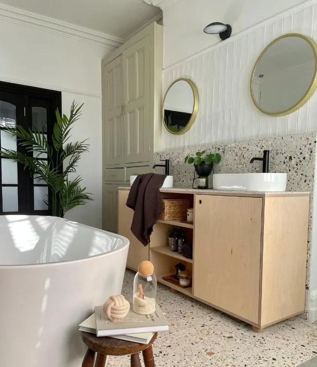 minimalist bathroom with indoor olive tree in bloxburg