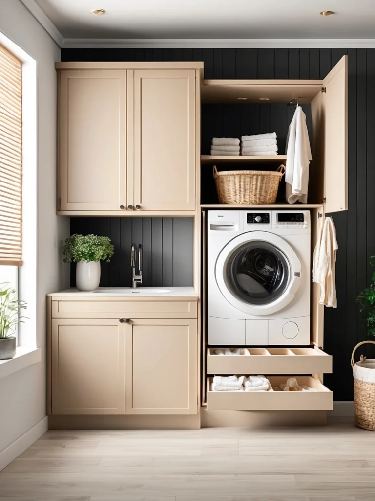 laundry room cabinet with hidden pull out hamper storage