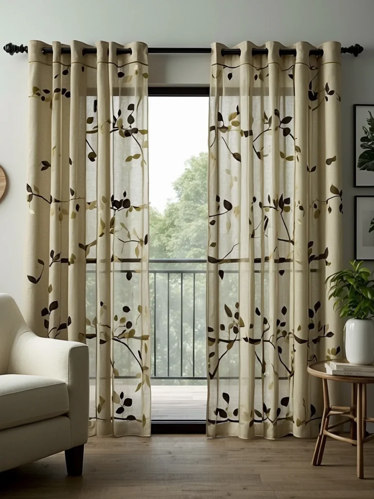 linen sliding glass door curtains in cozy neutral living room