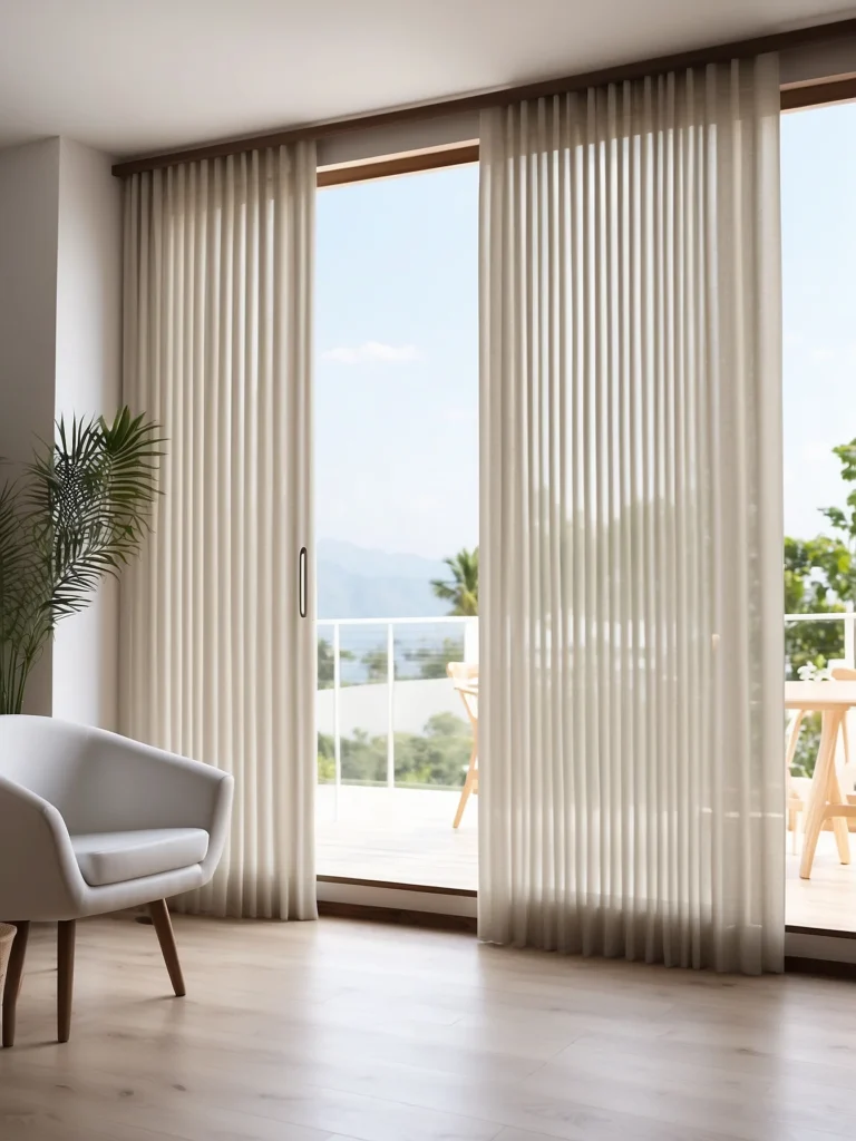 minimalist white curtains on sliding glass doors