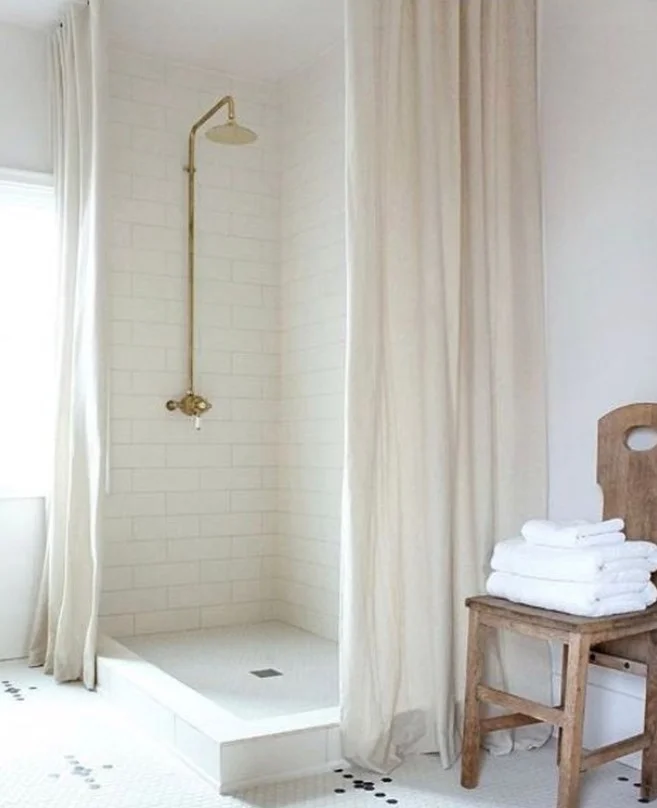 natural linen shower curtain with neutral bathroom decor