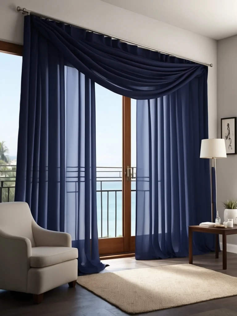 navy blue curtains framing sliding glass doors